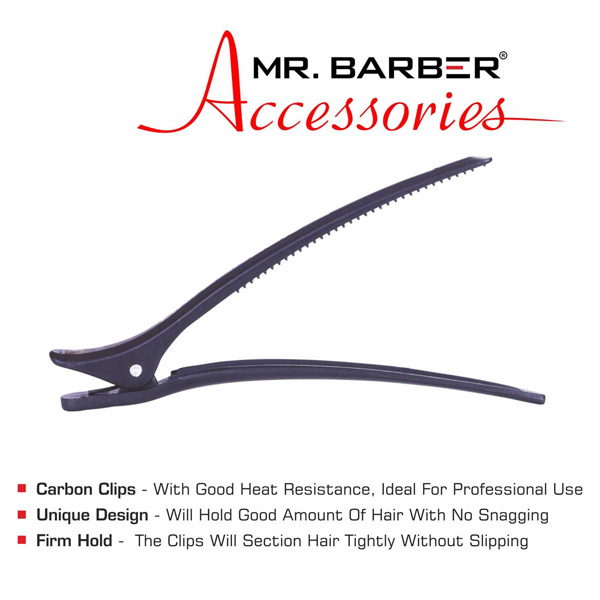 Mr. Barber Professional Carbon Clips - Black Pack of 6 Piece | Hair Clips for Hair Styling | Hairdressing Salon Hair Styling Clips