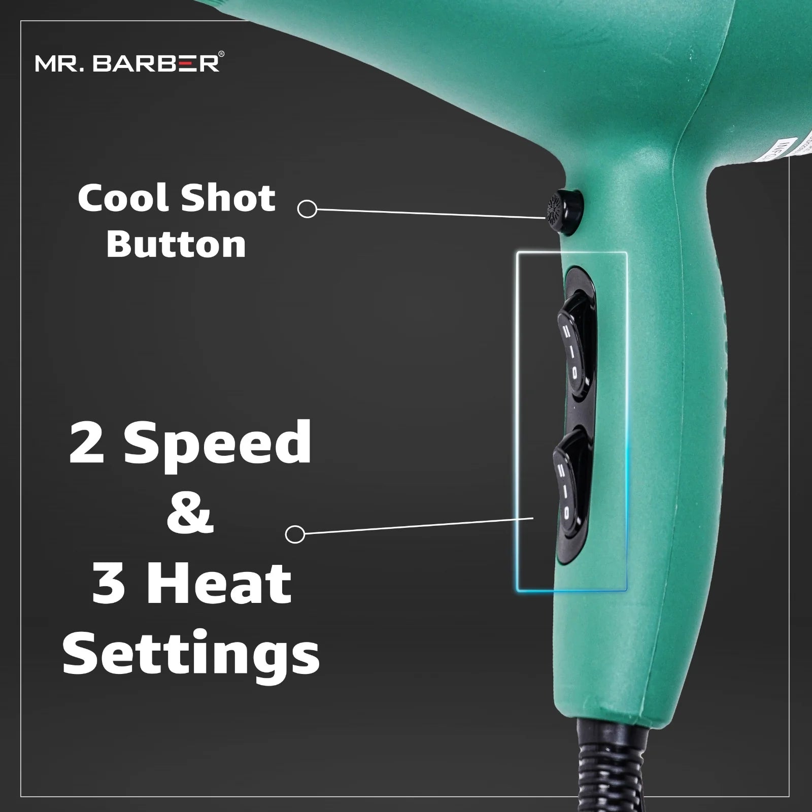 Mr. Barber 2400 Watts Infinity Pro Ionic Hair Dryer Ceramic Technology With 3-Heat Settings & 2-Speed Settings For Professional Styling (Green) - 1 Piece