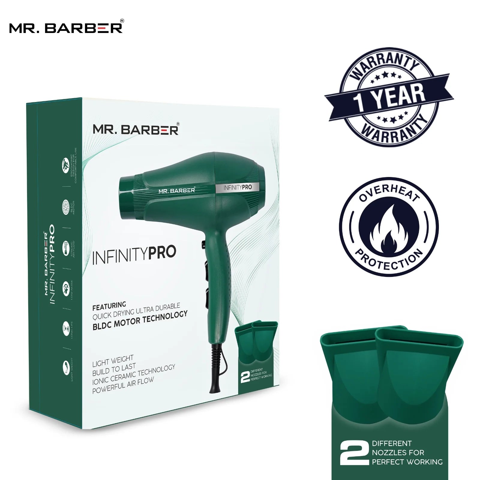 Mr. Barber 2400 Watts Infinity Pro Ionic Hair Dryer Ceramic Technology With 3-Heat Settings & 2-Speed Settings For Professional Styling (Green) - 1 Piece