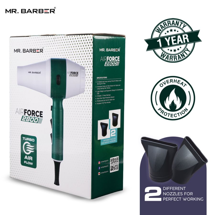 Mr. Barber Air Force 2800 Hair Dryer 2000W | Powerful AC Motor, Fast Drying, Heat Protection, Professional Salon Hair Dryer (MB-AFG) - 1 Piece