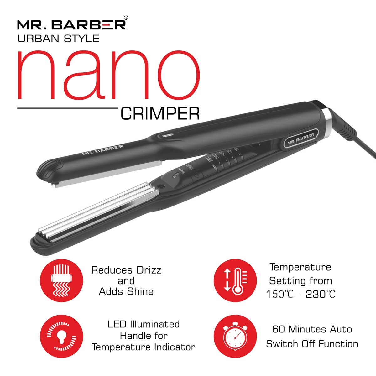 Mr. Barber Urban Style Nano Crimper - Nano Titanium Crimper - Black - Professional Crimper - 1 Piece