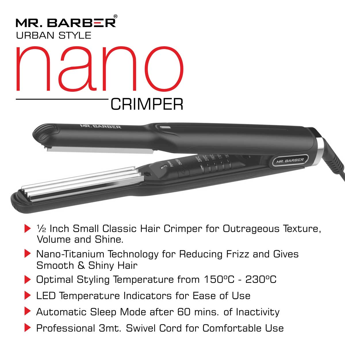 Mr. Barber Urban Style Nano Crimper - Nano Titanium Crimper - Black - Professional Crimper - 1 Piece