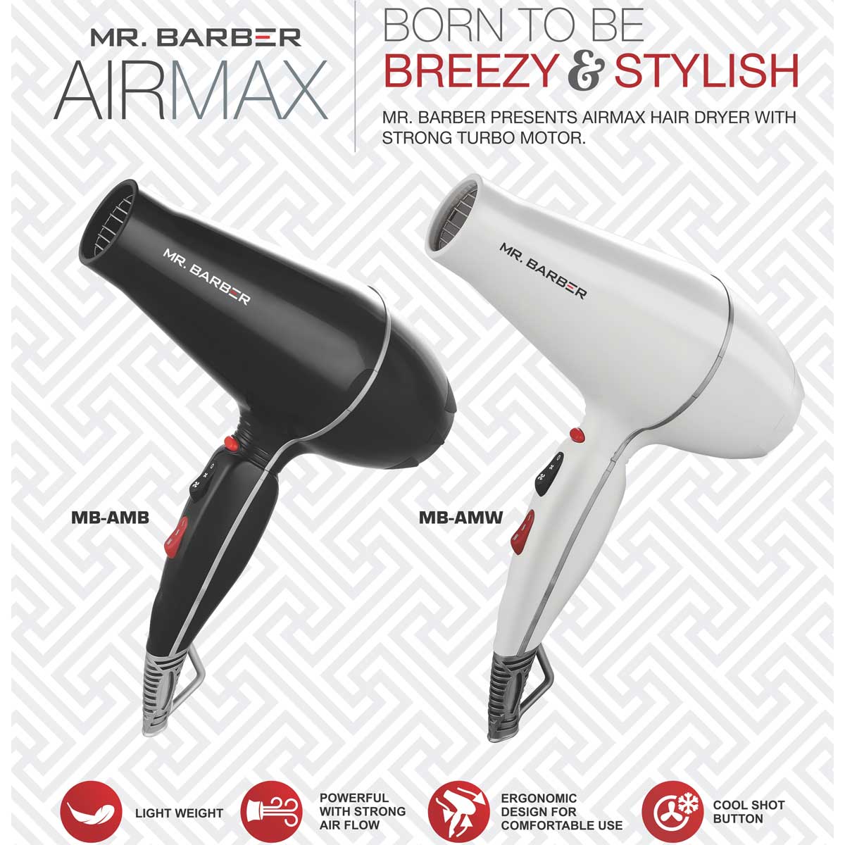 Mr. Barber MB-AMW Airmax with 2 Air Flow Detachable Nozzles Turbo Motor Powerful Professional Hair Dryer For Styling & Dressing 2400 Watts (White) - 1 Piece