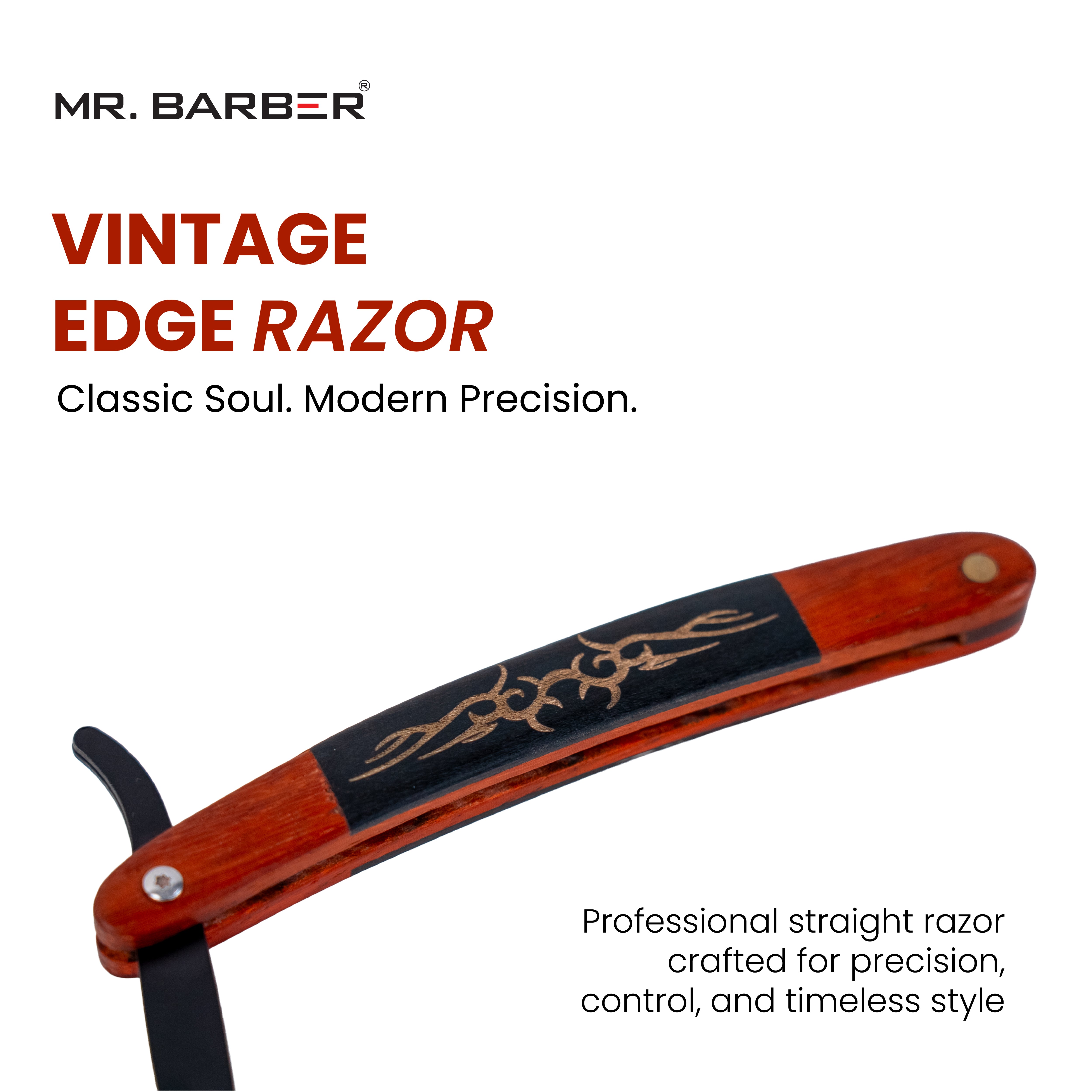Mr. Barber Vintage Edge Razor | Professional Straight Razor | Black-Coated Stainless Steel Blade Arm | Premium Wood-Finish Handle | Secure Blade Mechanism | Smooth Pivot Lock