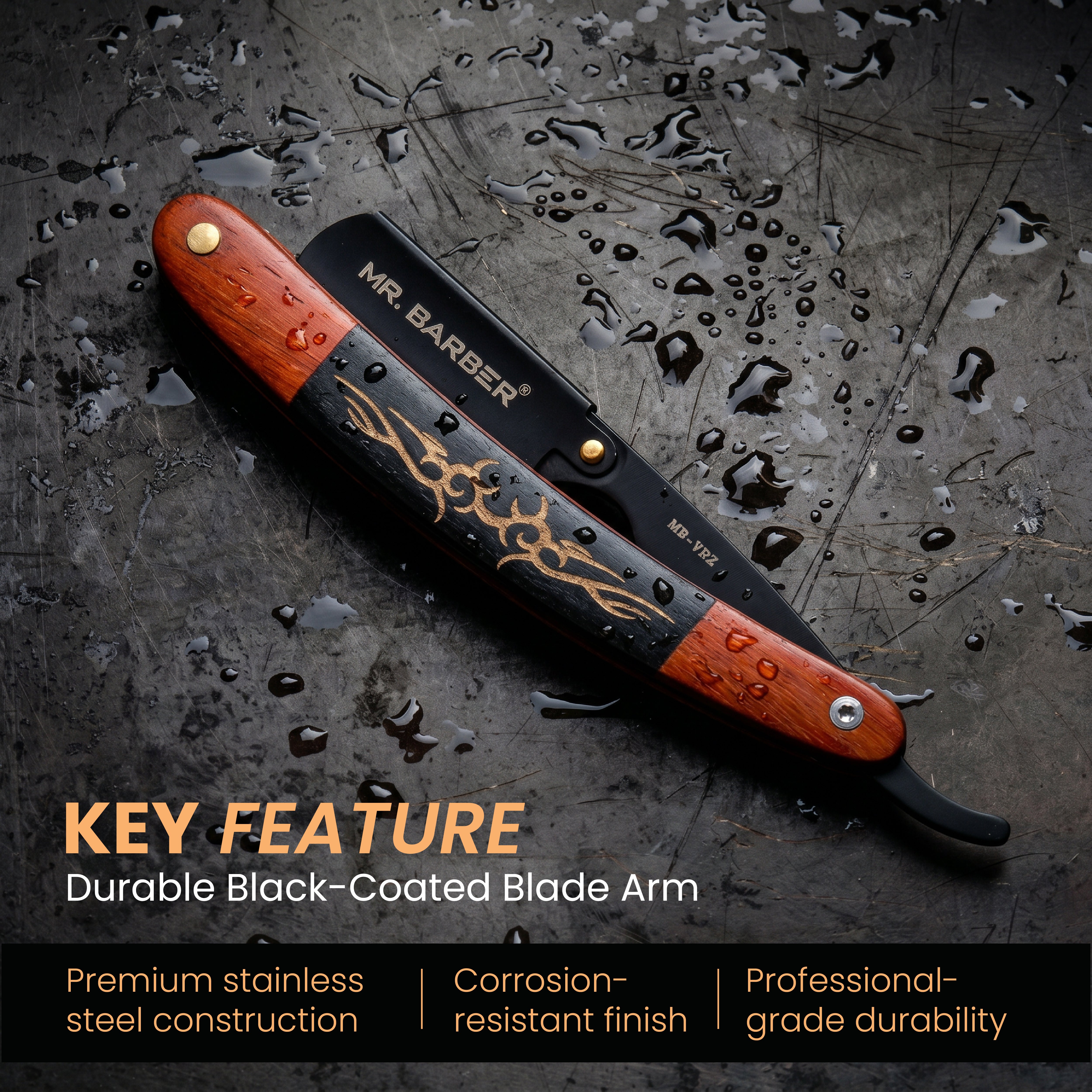 Mr. Barber Vintage Edge Razor | Professional Straight Razor | Black-Coated Stainless Steel Blade Arm | Premium Wood-Finish Handle | Secure Blade Mechanism | Smooth Pivot Lock