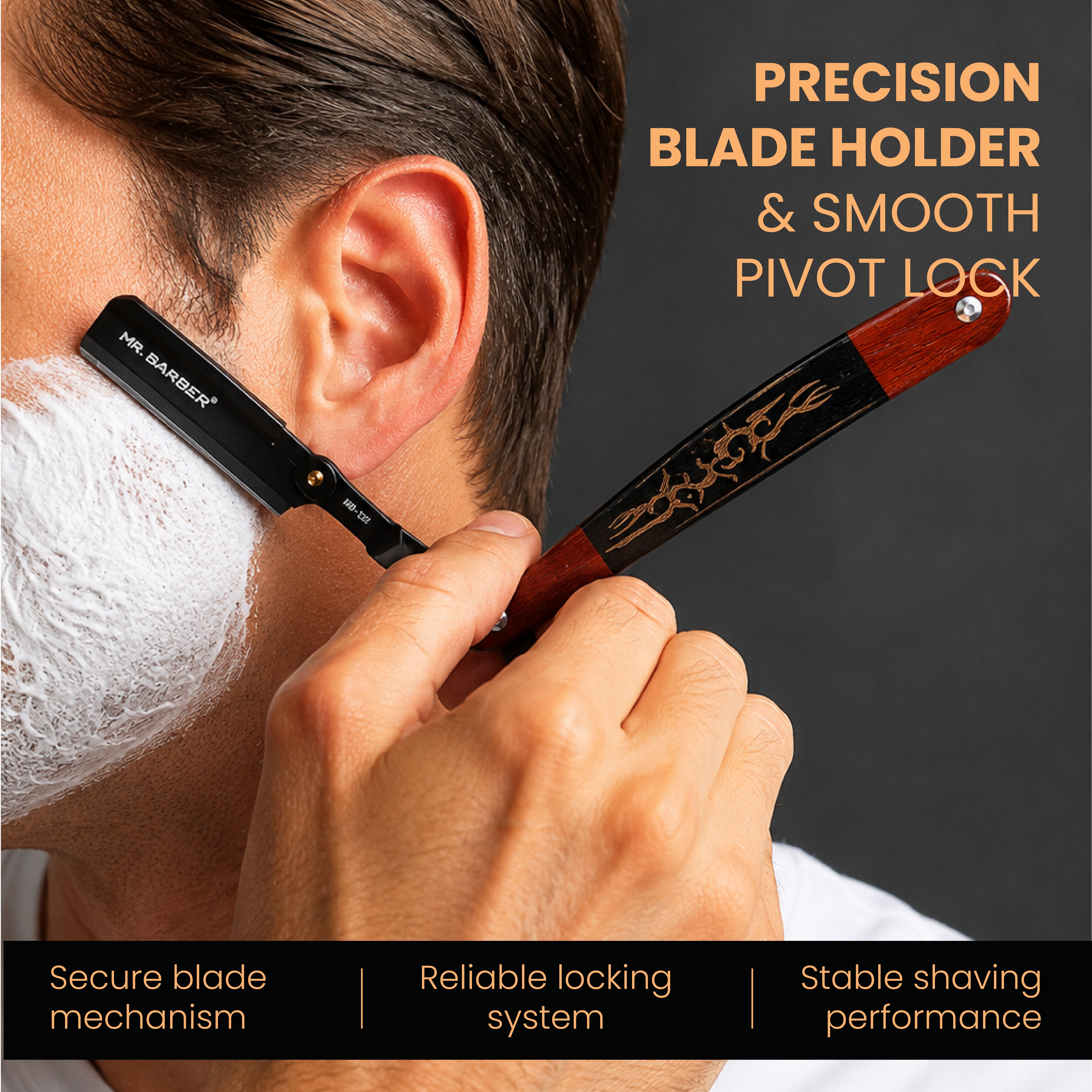 Mr. Barber Vintage Edge Razor | Professional Straight Razor | Black-Coated Stainless Steel Blade Arm | Premium Wood-Finish Handle | Secure Blade Mechanism | Smooth Pivot Lock