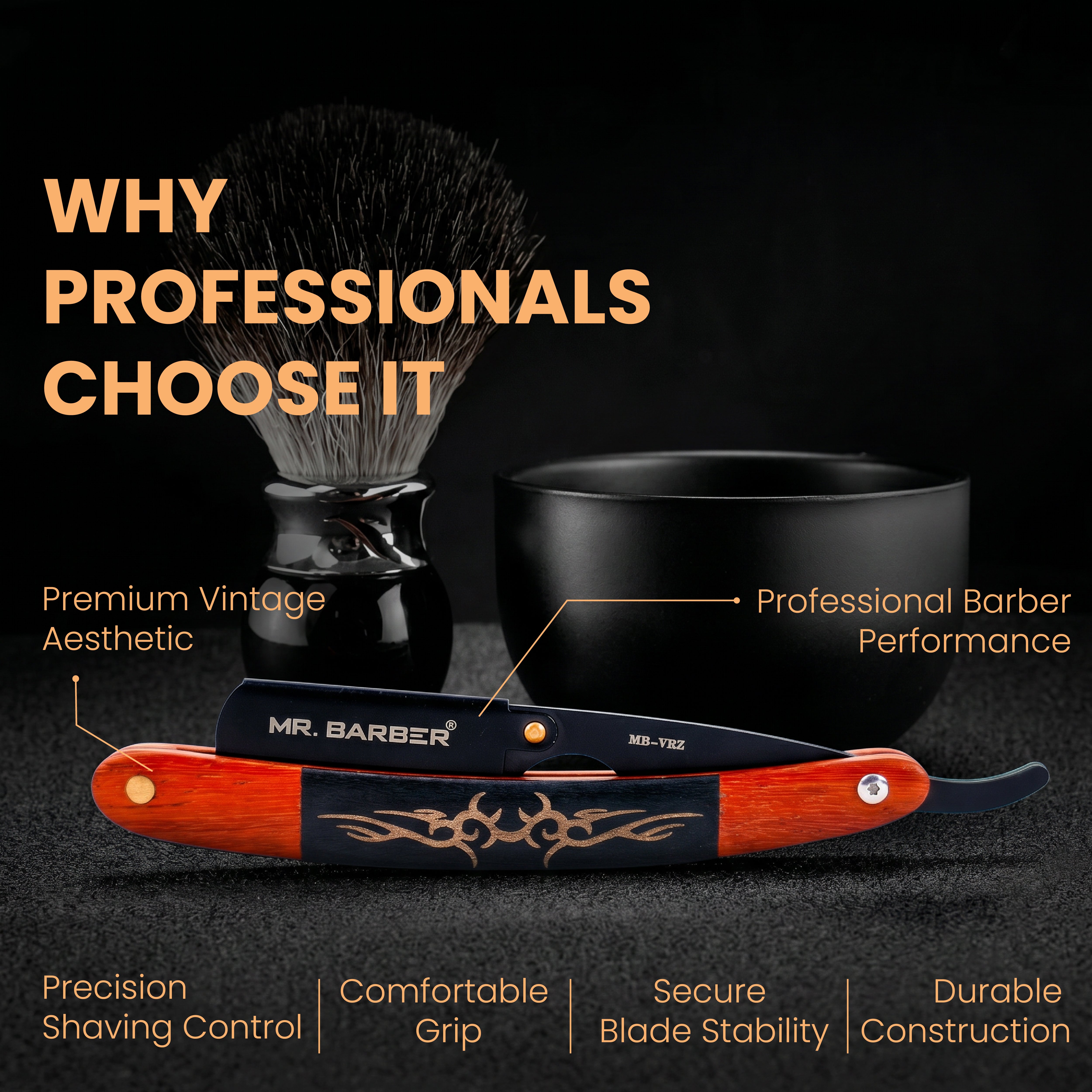 Mr. Barber Vintage Edge Razor | Professional Straight Razor | Black-Coated Stainless Steel Blade Arm | Premium Wood-Finish Handle | Secure Blade Mechanism | Smooth Pivot Lock