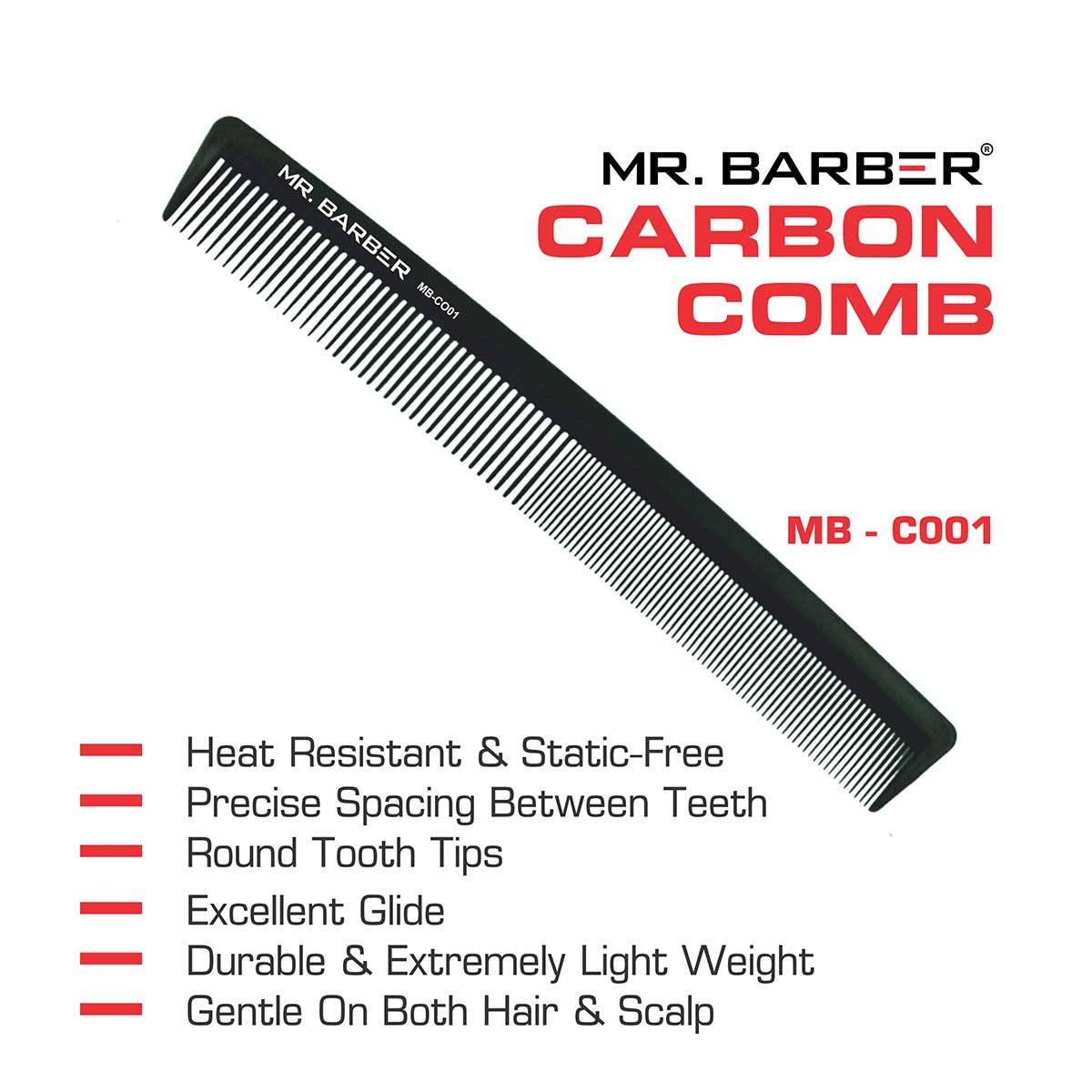 Mr. Barber Carbon Comb MB-CO01 | Heat-Resistant Professional Hair Styling Comb with Rounded Tips (1 Piece)