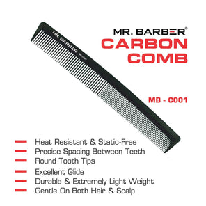 Mr. Barber Carbon Comb MB-CO01 | Heat-Resistant Professional Hair Styling Comb with Rounded Tips (1 Piece)