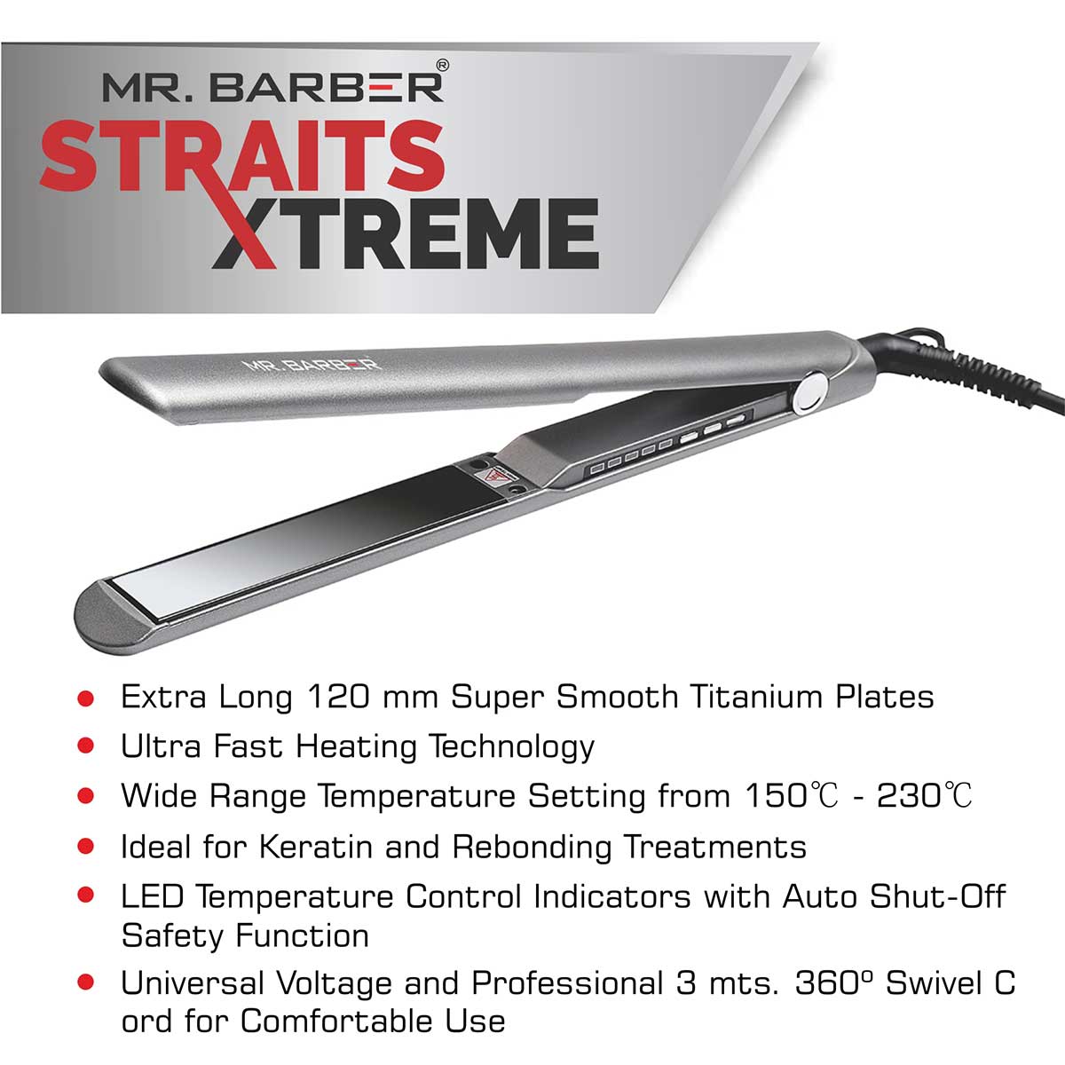 Mr. Barber MB-SXT Straits Xtreme, Super Smooth Titanium Plates, Professional Hair Straightener Flat Iron, Lifting & Voluminous Style (Black) - 1 Piece