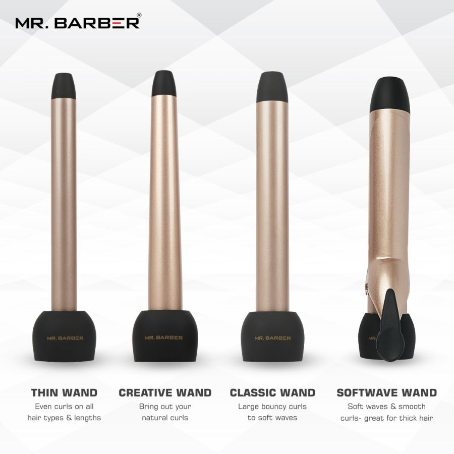 Mr. Barber 4-In-1 Multi Tong Hair Curler - Gold (MB-MLT) | Professional Multi Hair Styler Interchangeable Ceramic Barrels with Glove