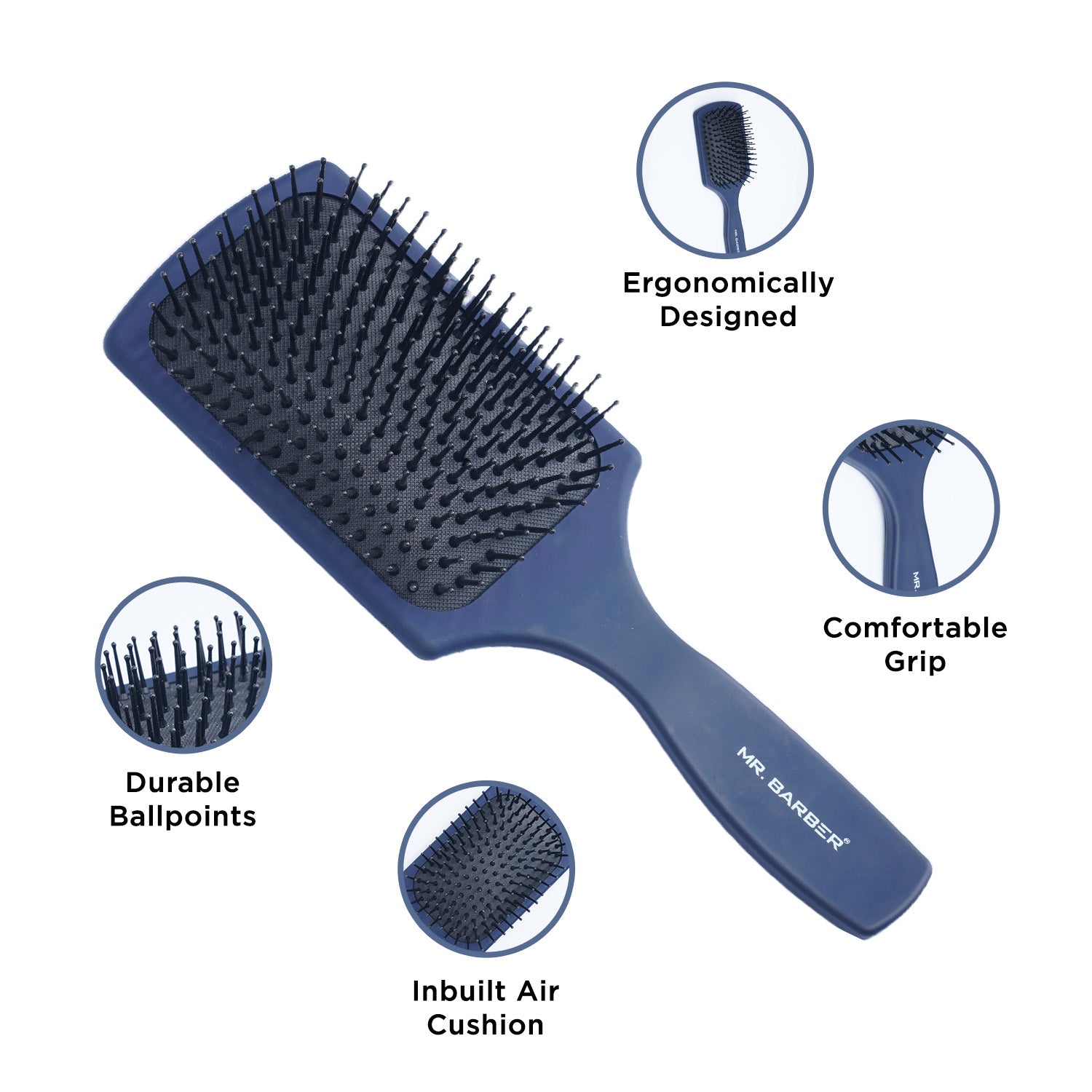Mr. Barber Flat Mate Large Paddle Brush – Blue | Natural Detangler with Ball-Tipped Bristles to Stimulate Scalp & Promote Hair Growth - 1 Piece