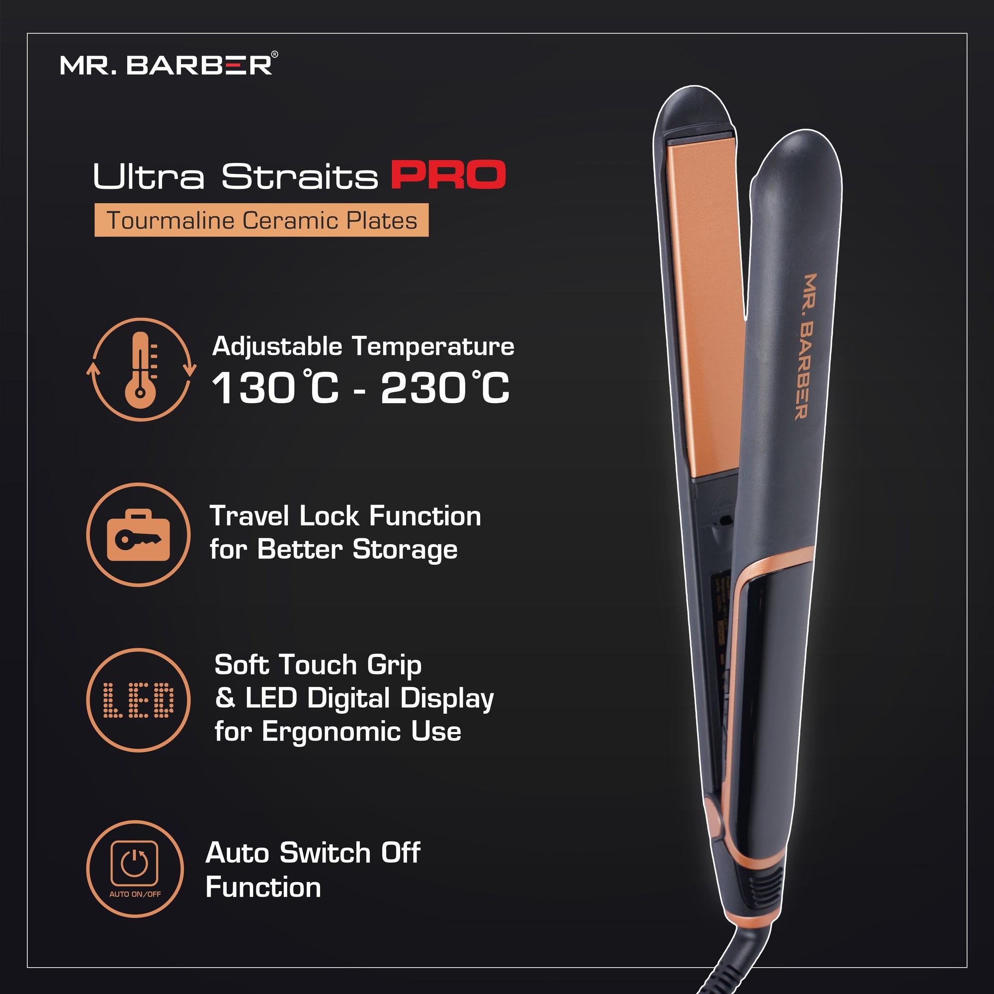 Mr. Barber Ultra Straits Pro Hair Straightener With Anti-Static Technology & Flat Ceramic Iron (Black) - 1 Piece