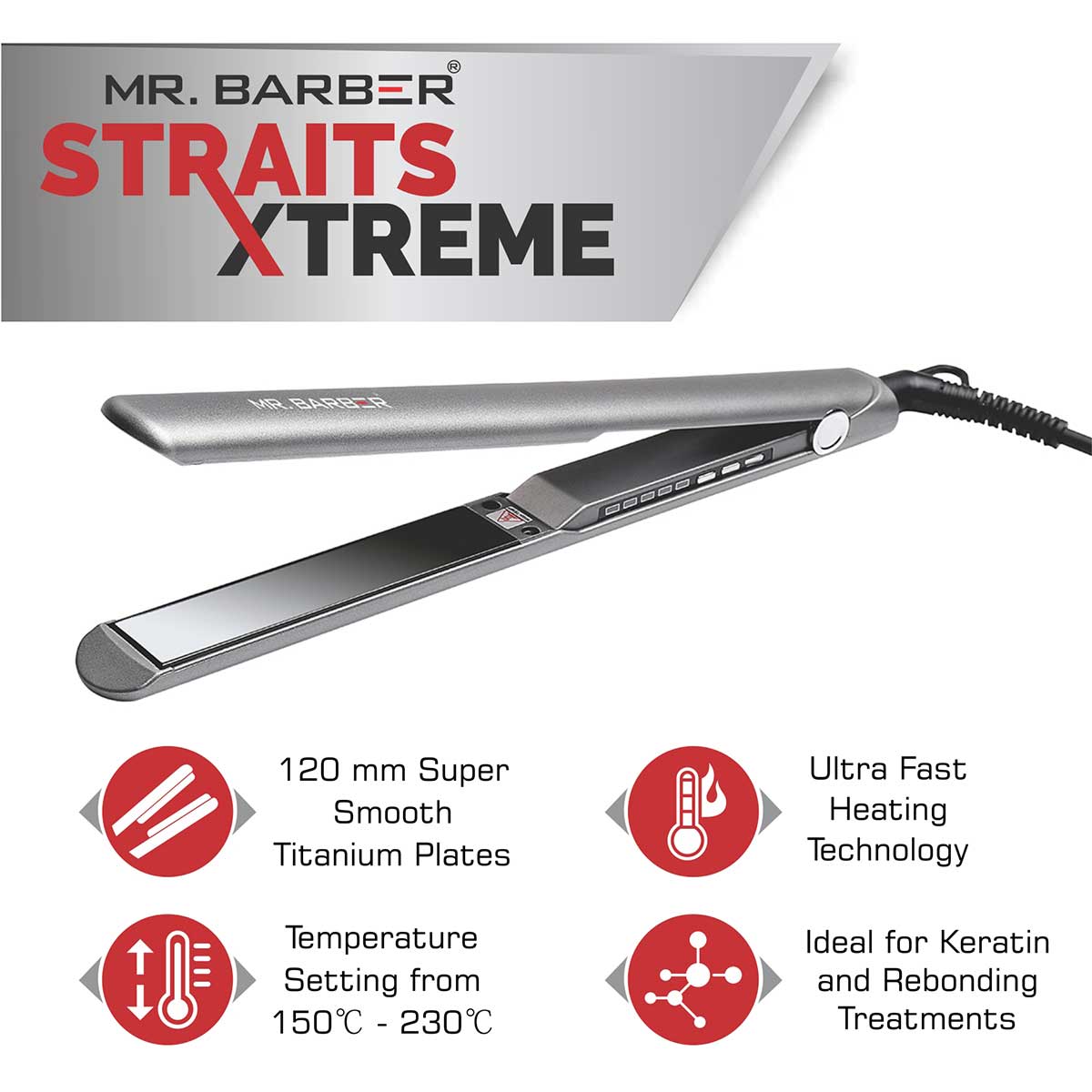 Mr. Barber MB-SXT Straits Xtreme, Super Smooth Titanium Plates, Professional Hair Straightener Flat Iron, Lifting & Voluminous Style (Black) - 1 Piece
