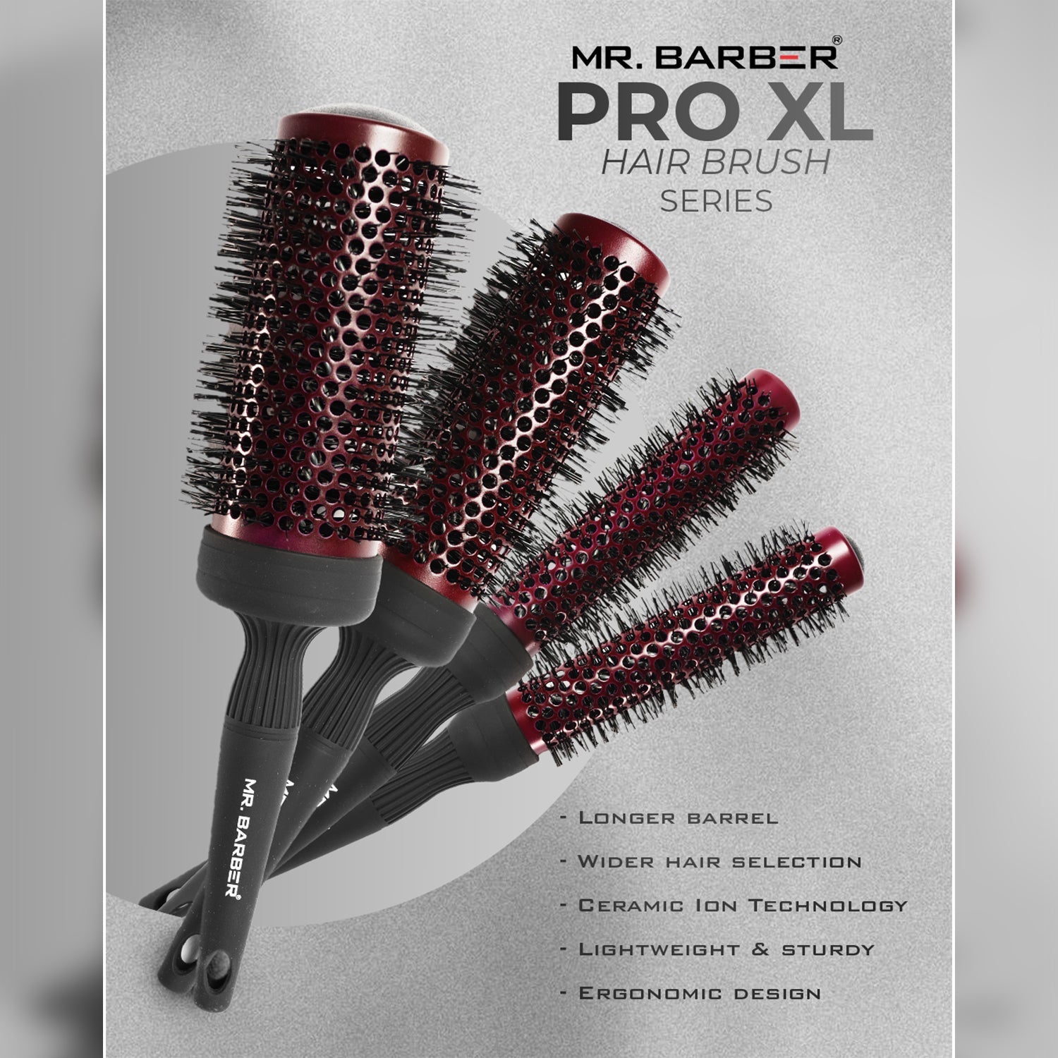 Mr. Barber Pro XL 43 mm Ceramic Thermal Ion Hair Brush Comb For Women & Men MB-XL43 | Anti Frizz & Volumizing Styling Brush - 1 Piece