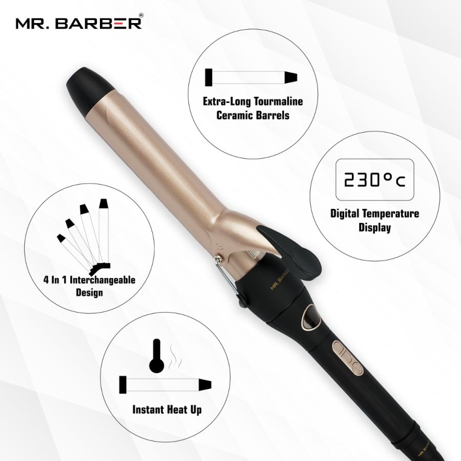 Mr. Barber 4-In-1 Multi Tong Hair Curler - Gold (MB-MLT) | Professional Multi Hair Styler Interchangeable Ceramic Barrels with Glove