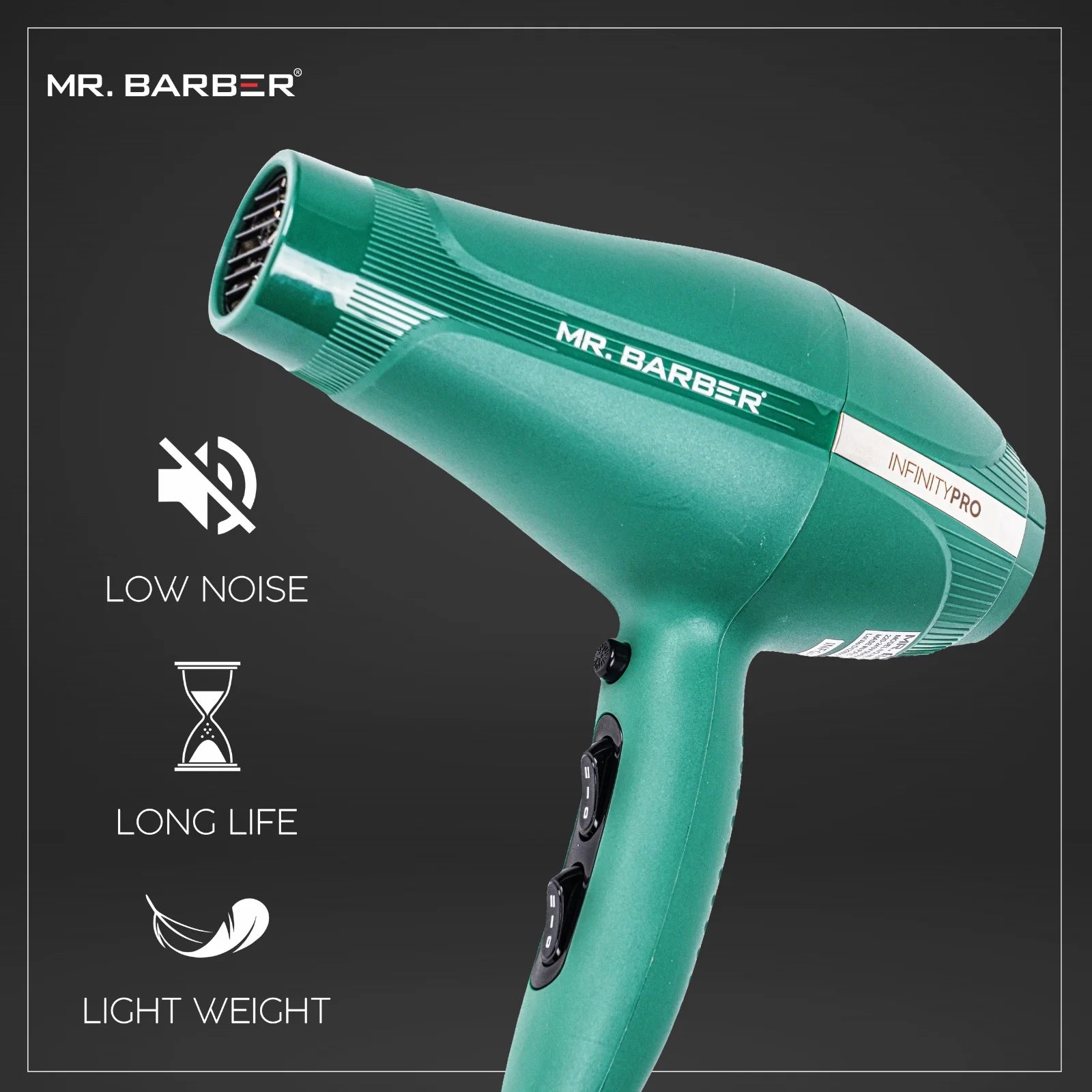 Mr. Barber 2400 Watts Infinity Pro Ionic Hair Dryer Ceramic Technology With 3-Heat Settings & 2-Speed Settings For Professional Styling (Green) - 1 Piece