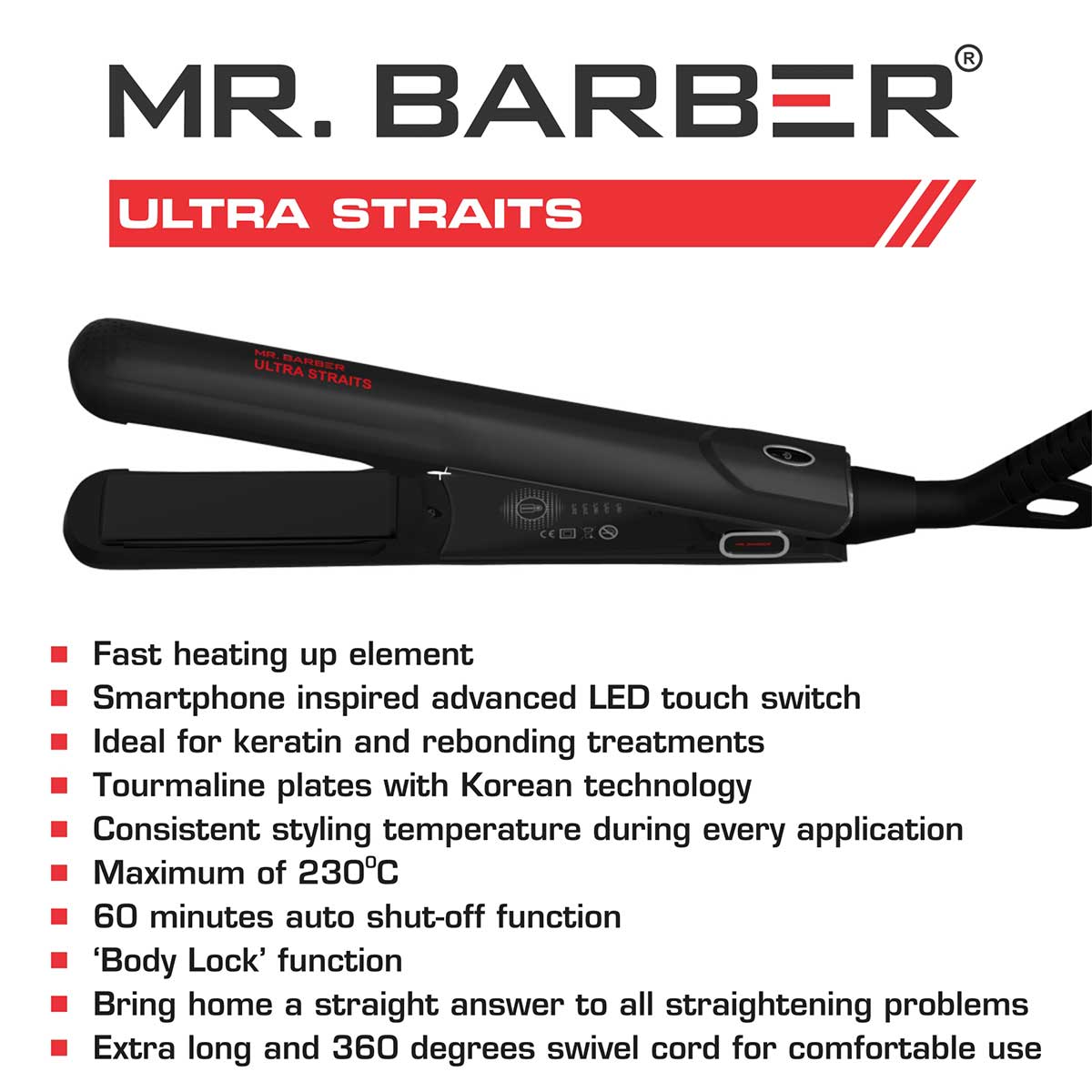 Mr Barber Ultra Straits, Tourmaline Ceramic Plates, Professional Hair Straightener - Black Flat Iron - 1 Piece