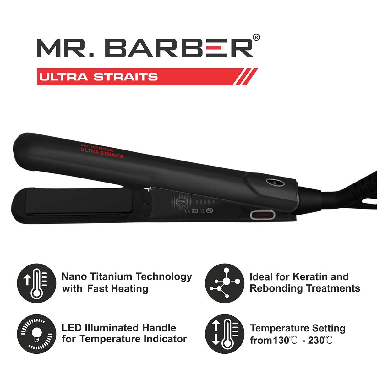 Mr Barber Ultra Straits, Tourmaline Ceramic Plates, Professional Hair Straightener - Black Flat Iron - 1 Piece