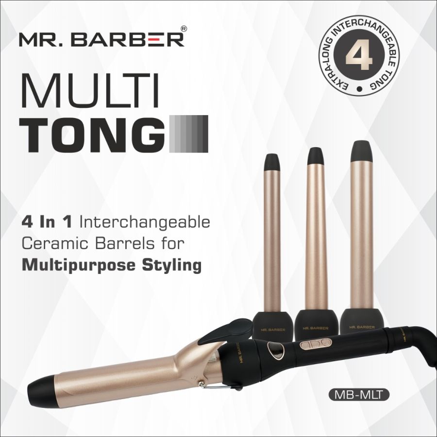Mr. Barber 4-In-1 Multi Tong Hair Curler - Gold (MB-MLT) | Professional Multi Hair Styler Interchangeable Ceramic Barrels with Glove