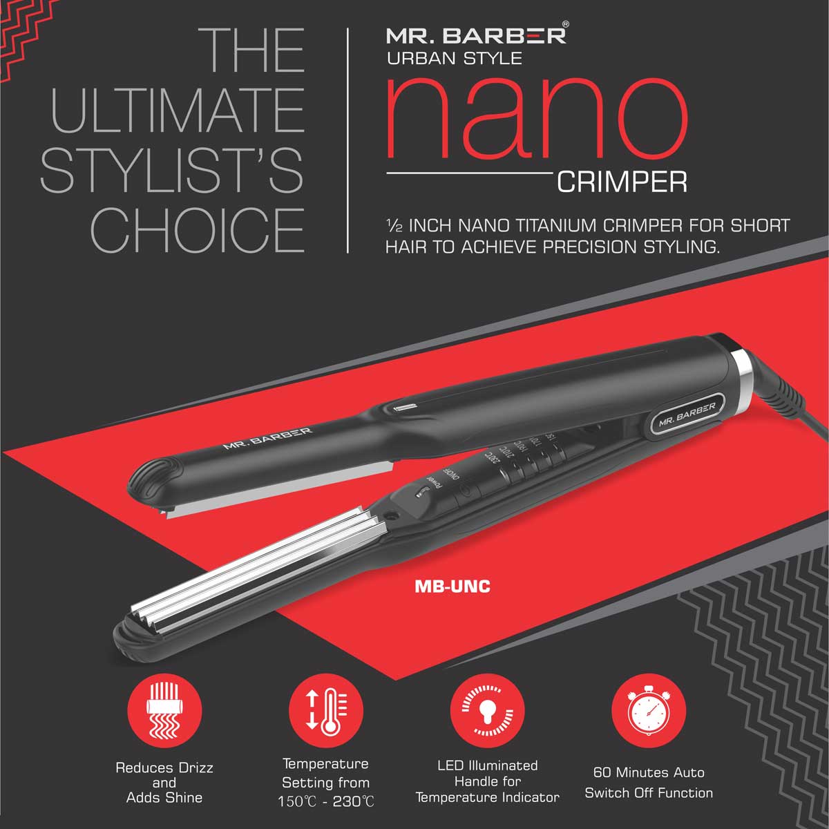 Mr. Barber Urban Style Nano Crimper - Nano Titanium Crimper - Black - Professional Crimper - 1 Piece