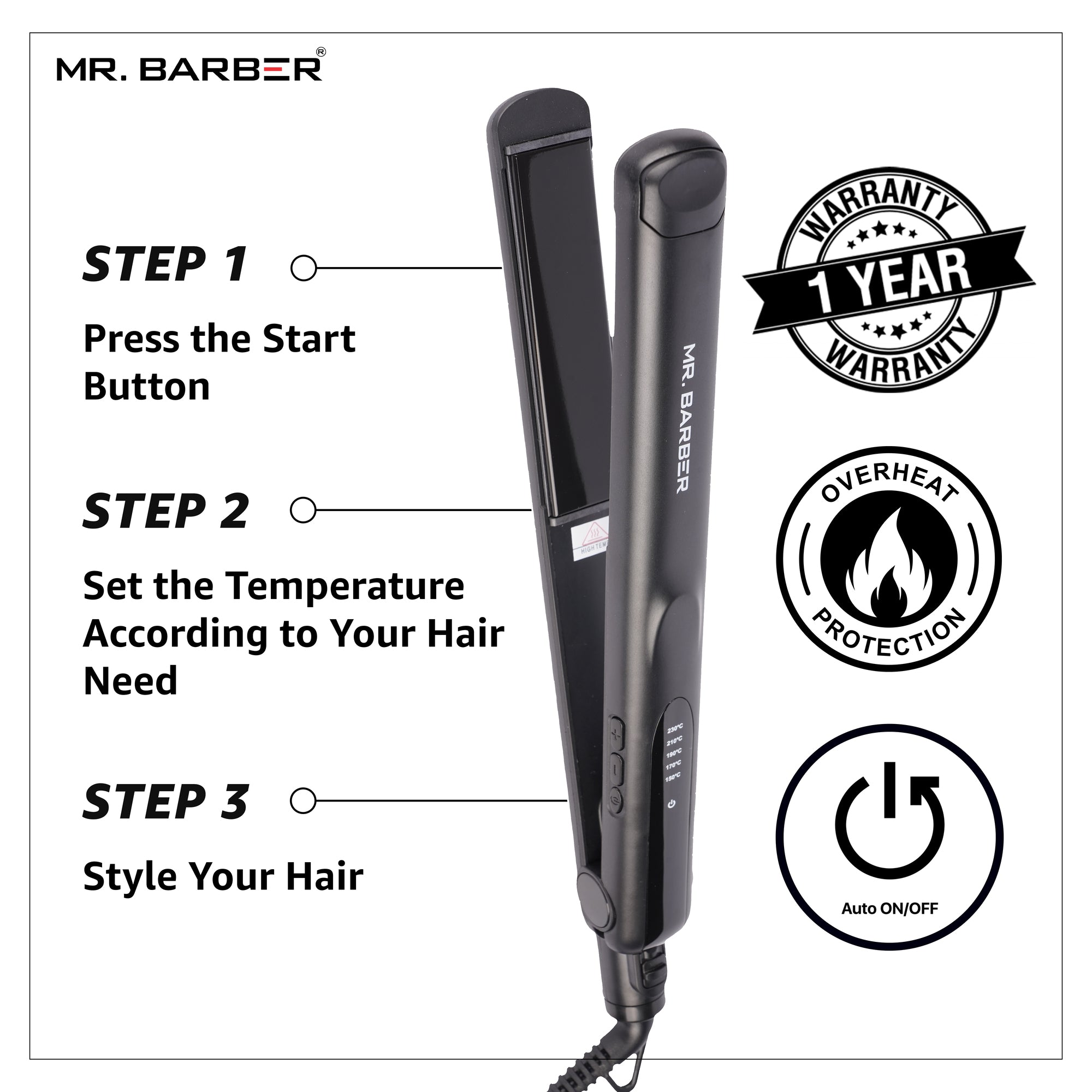 Mr. Barber Elite Hair Straightener With Supremely Advanced Technology & Automatic Sleep Mode (Black) - 1 Piece