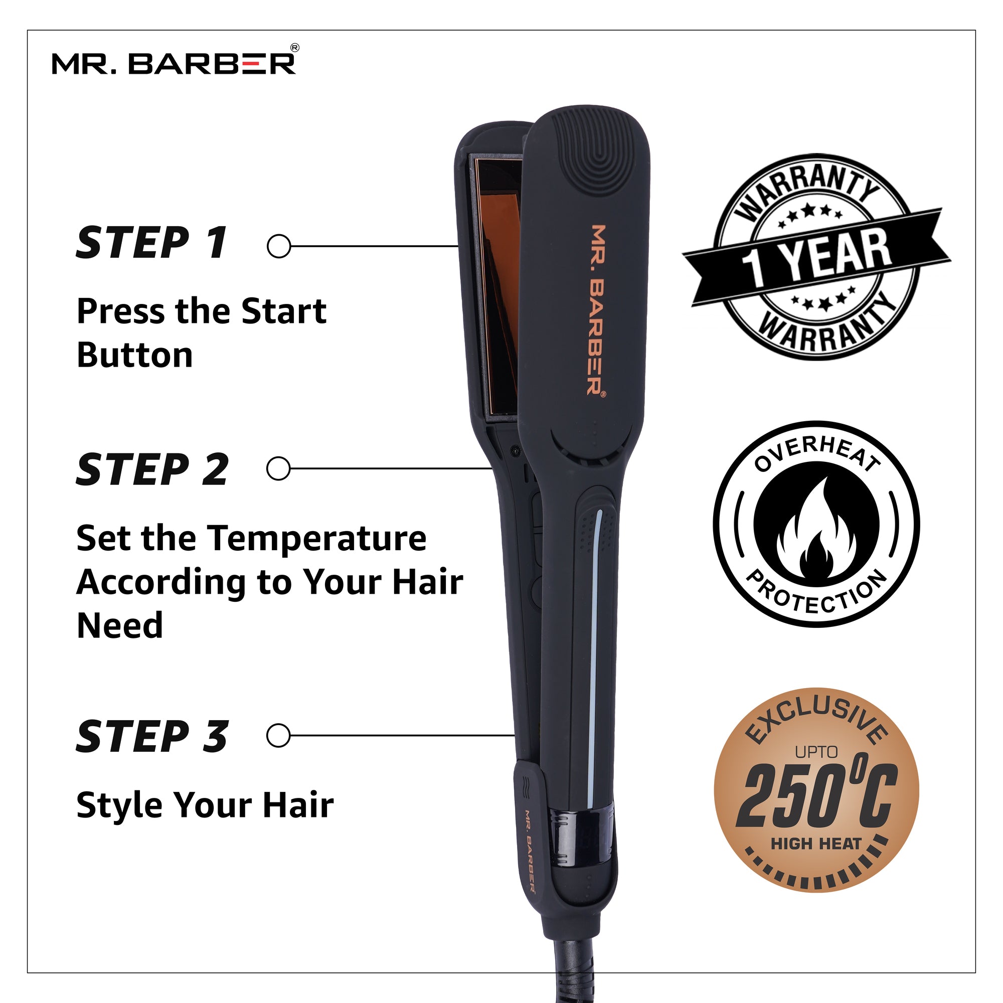 Mr. Barber Keratin Shine Pro Hair Straightener with Advanced Nano Titanium Technology & Fast Heating - 1 Piece