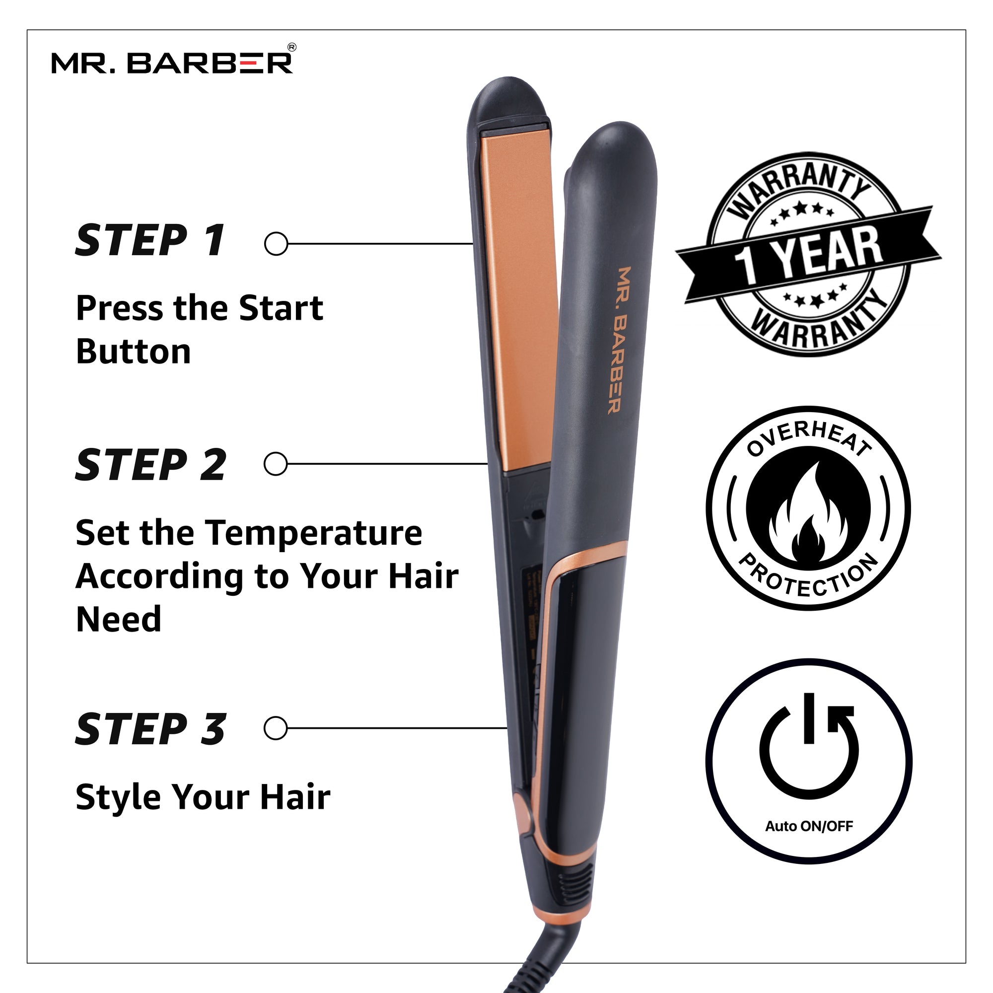 Mr. Barber Ultra Straits Pro Hair Straightener With Anti-Static Technology & Flat Ceramic Iron (Black) - 1 Piece