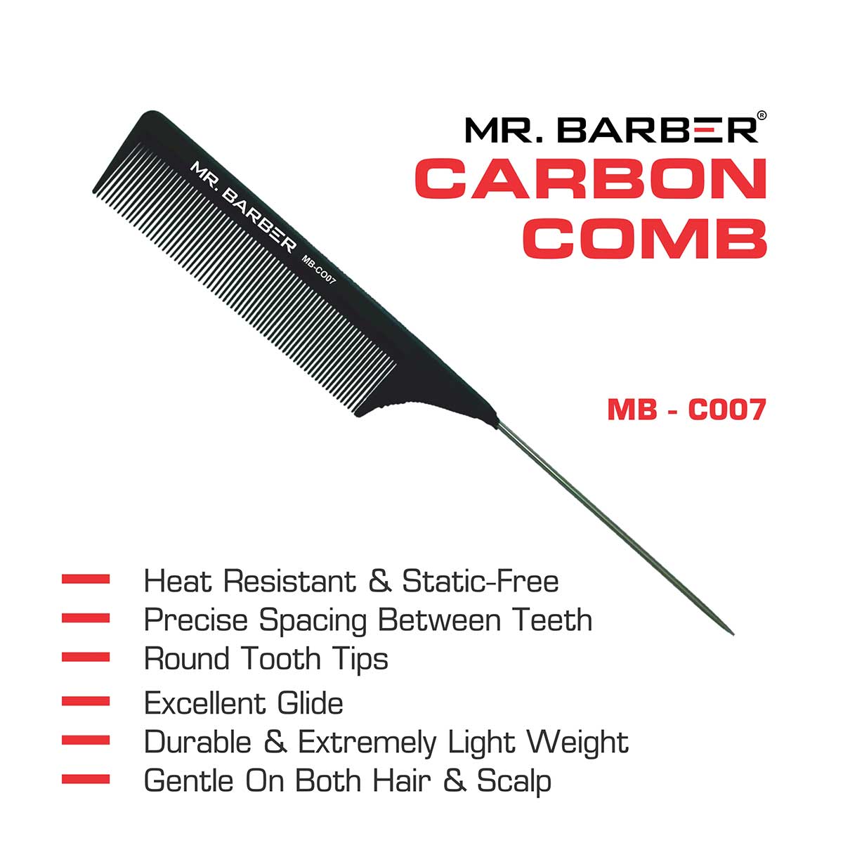 Mr. Barber Pin Tail Comb MB-CO07 | Professional Precision Hair Styling & Sectioning Comb (1 Piece)