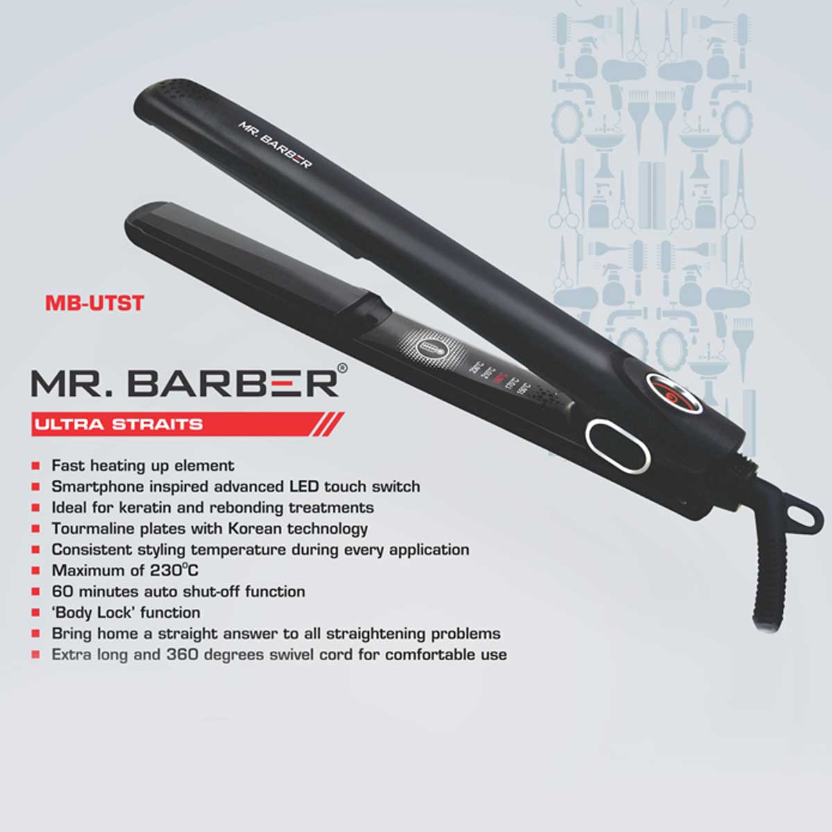 Mr Barber Ultra Straits, Tourmaline Ceramic Plates, Professional Hair Straightener - Black Flat Iron - 1 Piece