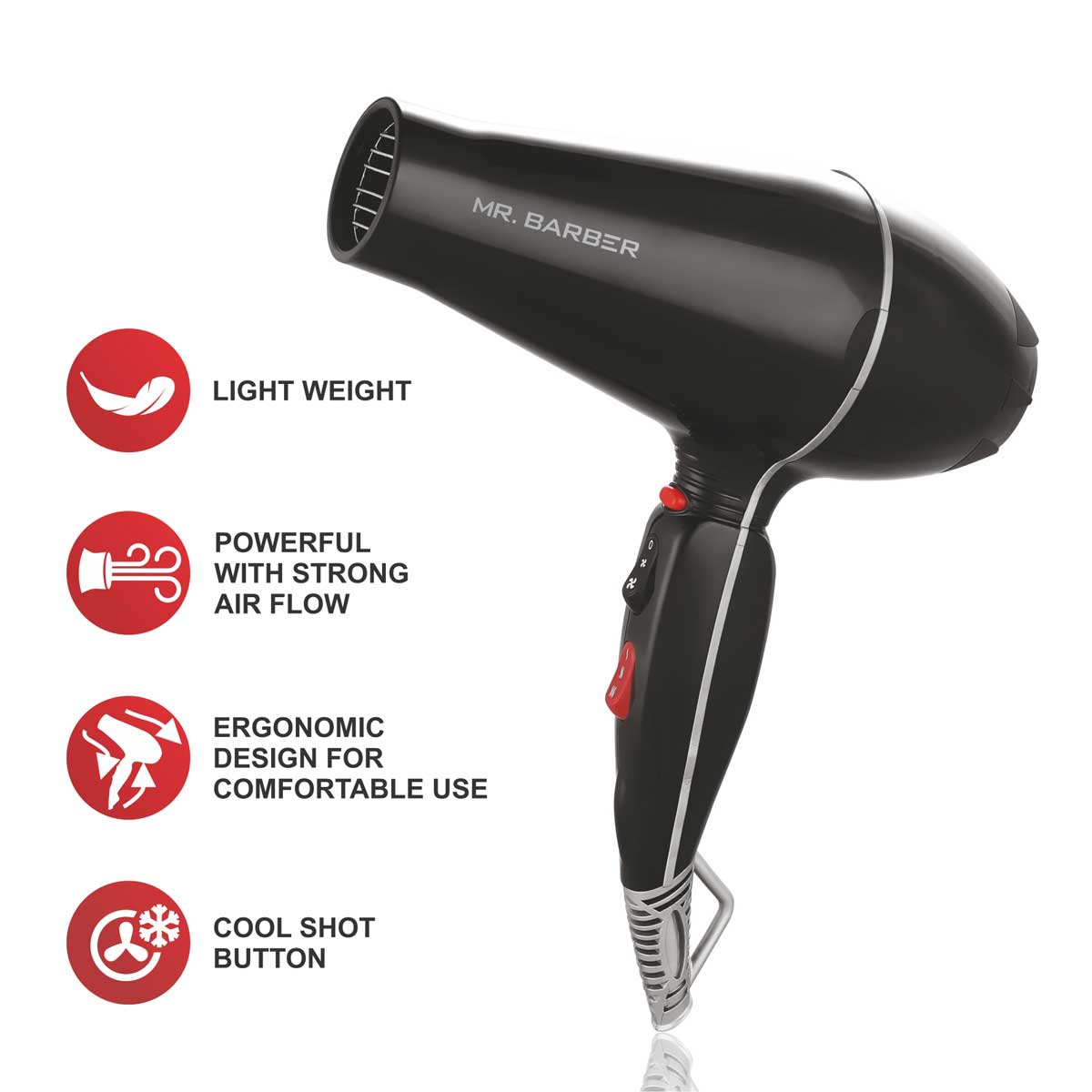 Mr. Barber Airmax Dryer with 2 Air Flow Detachable Nozzles Turbo Motor Powerful Professional Hair Dryer For Styling & Dressing 2400 Watts (Black) - 1 Piece