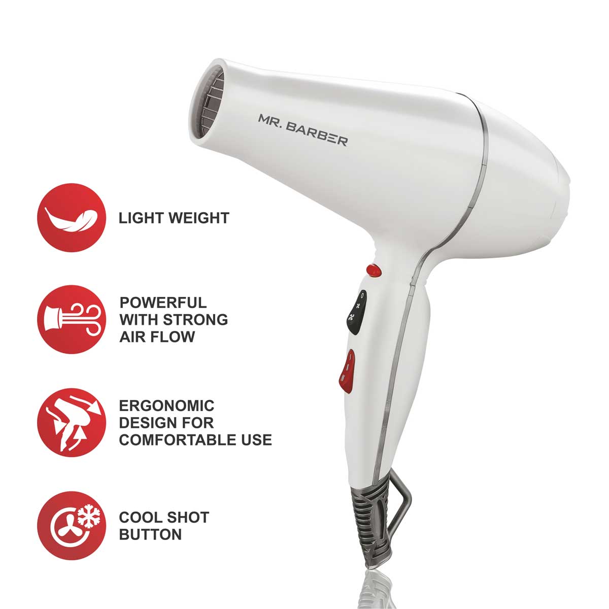 Mr. Barber MB-AMW Airmax with 2 Air Flow Detachable Nozzles Turbo Motor Powerful Professional Hair Dryer For Styling & Dressing 2400 Watts (White) - 1 Piece