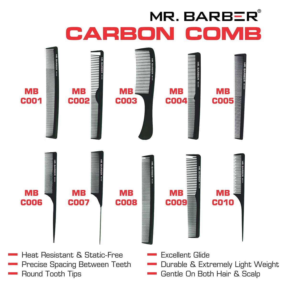 Mr. Barber Pin Tail Comb MB-CO07 | Professional Precision Hair Styling & Sectioning Comb (1 Piece)