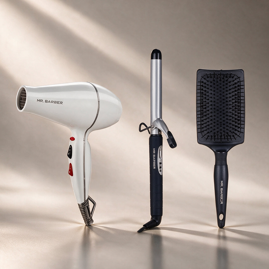 Mr. Barber Blow & Curl Set | Airmax Dryer White + Curl On Tong 25mm + Paddle Brush