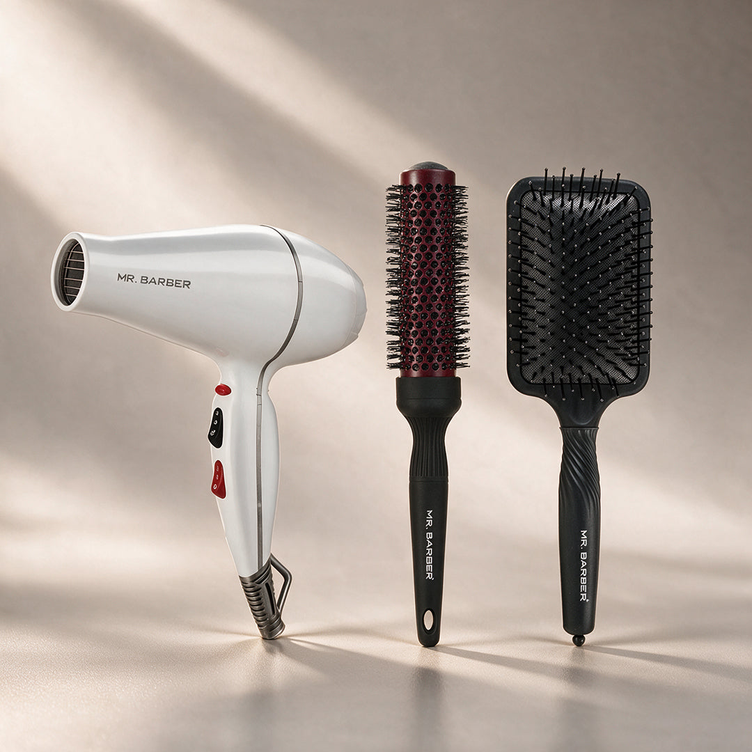 Mr. Barber Salon Blowout Pro Kit | Airmax Dryer White + Pro XL Brush 33mm + Soft Pad Paddle