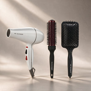 Mr. Barber Salon Blowout Pro Kit | Airmax Dryer White + Pro XL Brush 33mm + Soft Pad Paddle