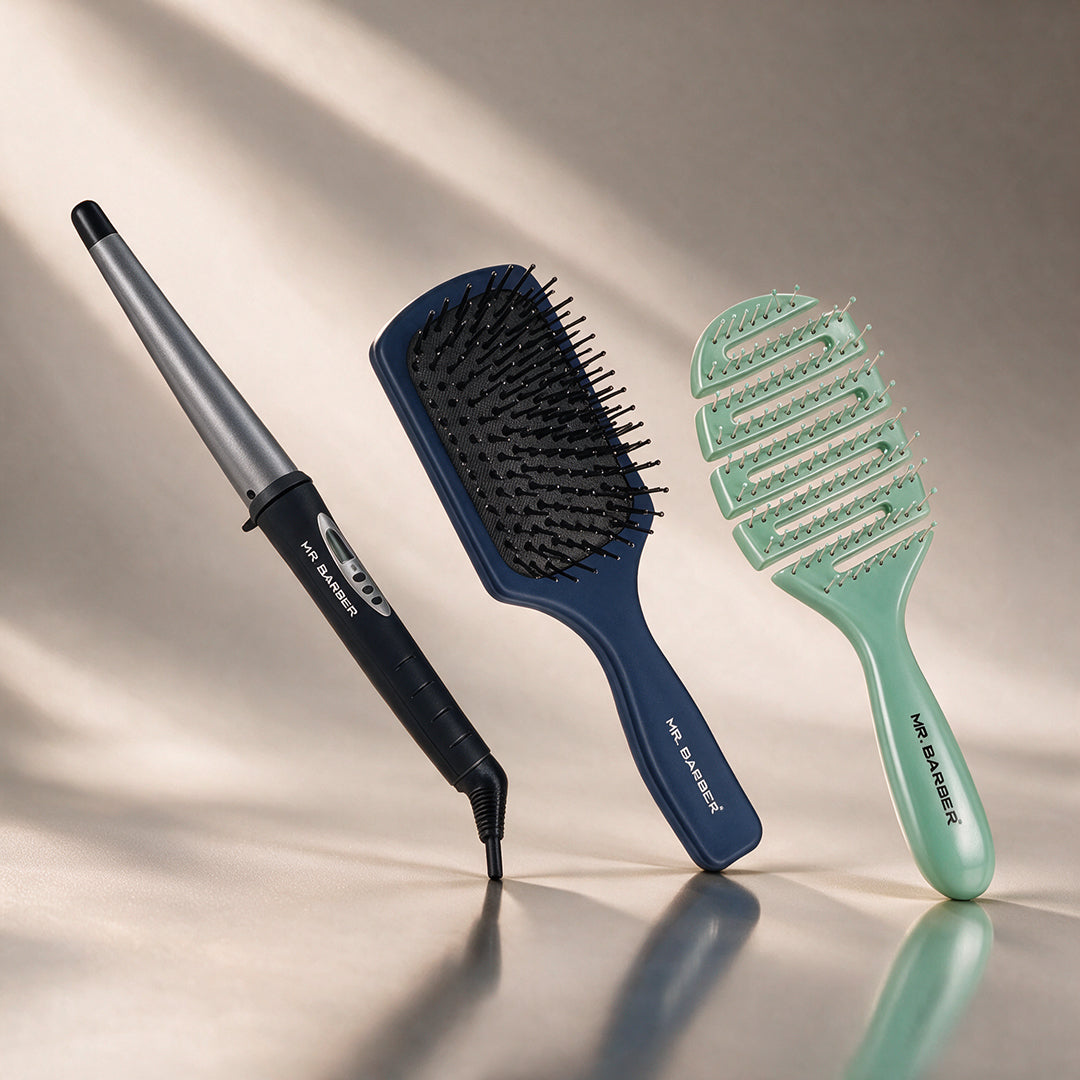 Mr. Barber Travel Curl Trio | Curl On Tong 25mm + Flat Mate Small Paddle + FlexFlow Detangler