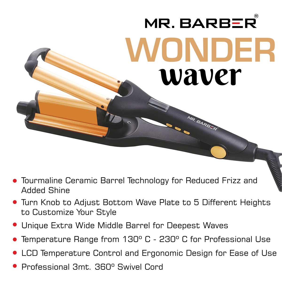Mr. Barber Wonder Waver Hair Curling Tong with Adjustable Waver Barrel - Black - Tourmaline Technology - 1 Piece