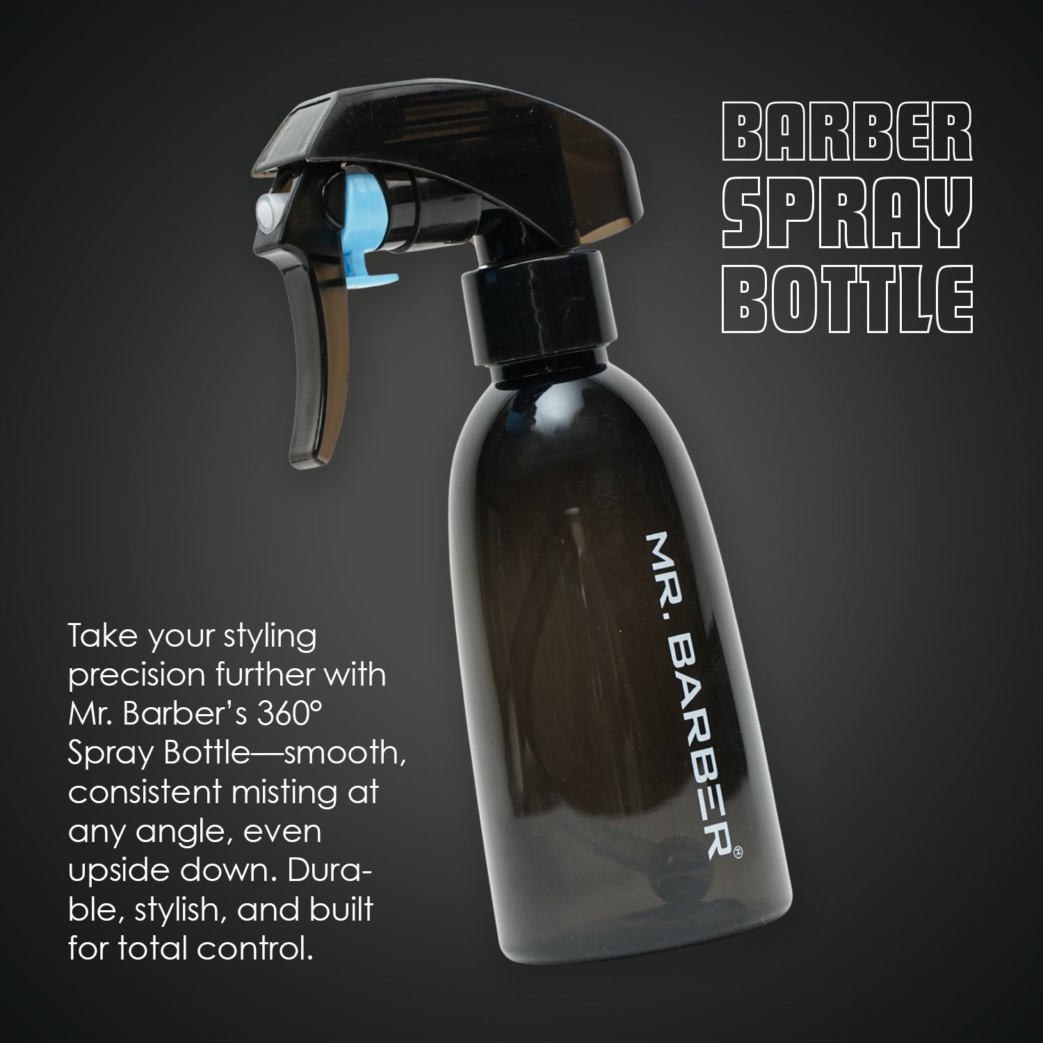 Mr. Barber 360° Spray Bottle for Salon | Leak-Proof, Hassle-Free & Durable 180 ml (Black)