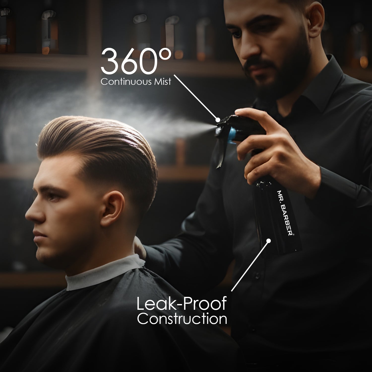 Mr. Barber 360° Spray Bottle for Salon | Leak-Proof, Hassle-Free & Durable 180 ml (Black)
