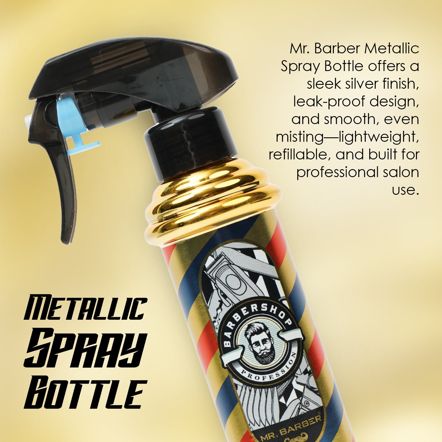 Mr. Barber Spray Bottle for Salon |Portable, Leak-Proof & Refillable, Golden Finish 180 ml
