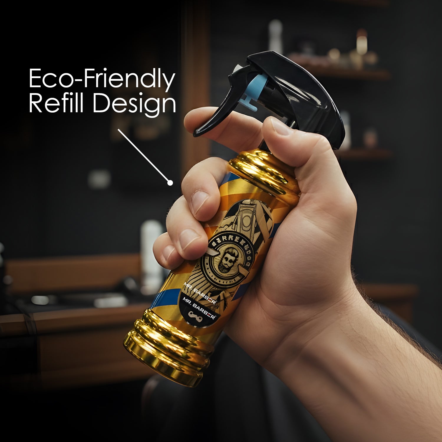 Mr. Barber Spray Bottle for Salon |Portable, Leak-Proof & Refillable, Golden Finish 180 ml