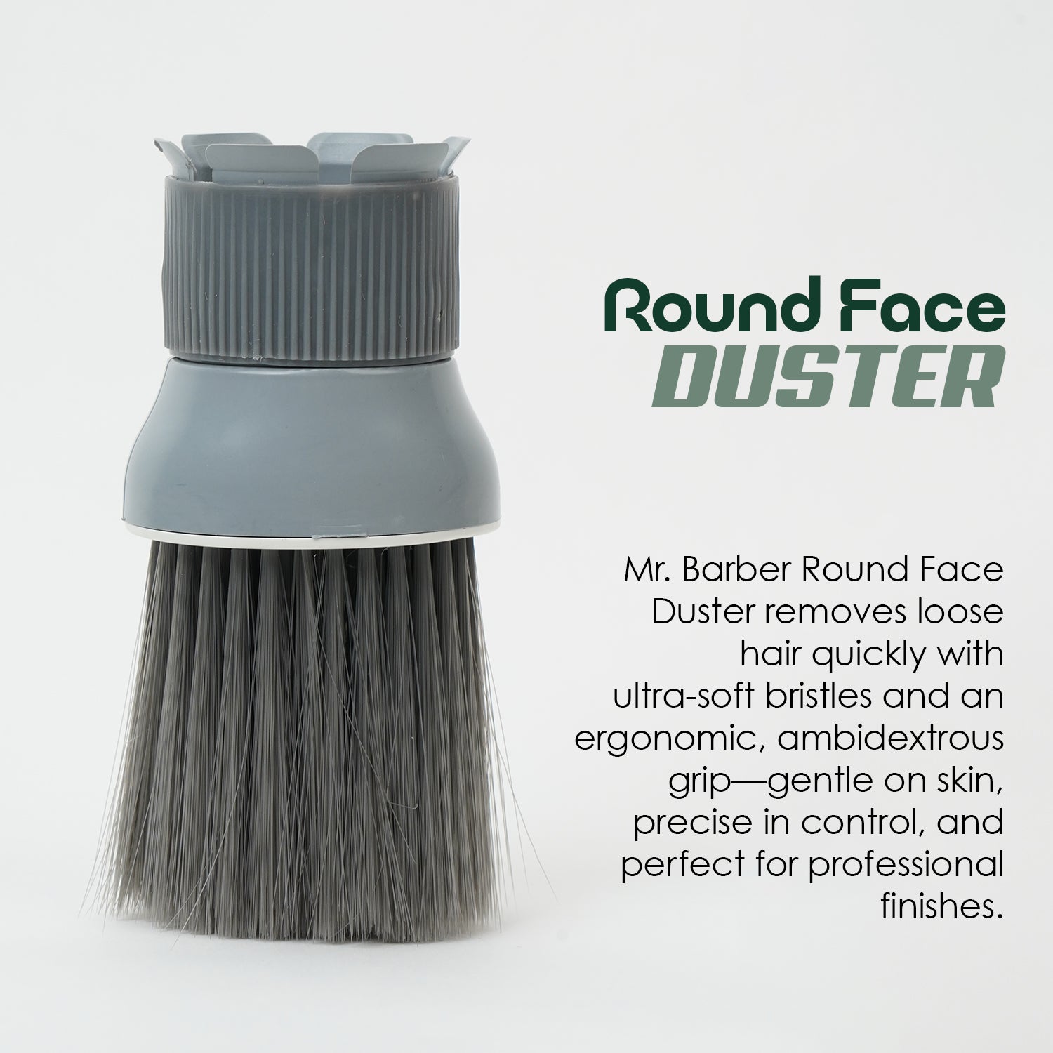 Mr. Barber Round Face Duster | Professional Barber Brush – Soft Bristles, Dual-Hand Ergonomic Grip (Gray)